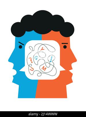 Schizophrenie, bipolare Störung, männliche Kopfsilhouetten. Illustration des stilisierten männlichen Kopfes mit Sprechblase im Inneren. Vektor verfügbar. Stock Vektor