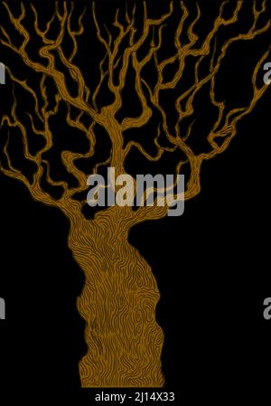 Eichenbaum brauner Stamm, isoliert auf schwarzem Hintergrund. Surreal stylische Karte. Dekorative Baum Vektor handgezeichnete Illustration Stock Vektor