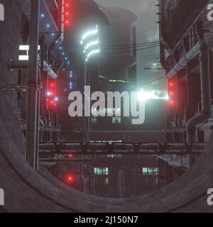 Sci-Fi futuristische Stadtansicht mit blauen, roten und gelben Lichtern 3D Render Stockfoto