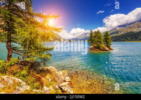 Fantastische Aussicht auf den türkisfarbenen Silsersee (Sils) inklusive Piz Corvatsch in den Schweizer Alpen. Lage berühmter Ferienort Oberengadiner Tal, Canto Stockfoto