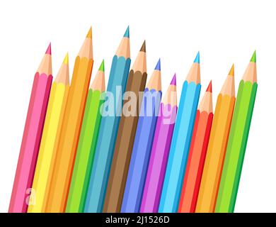 Illustration mit einem Satz farbiger realistischer Stifte. Farbstifte auf weißem Hintergrund isoliert. Zurück zu den Schulartikeln. Vorlagendesign für presentati Stock Vektor
