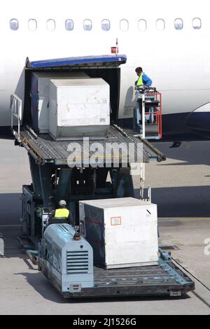 Ladegeräte werden am internationalen Flughafen in das Flugzeug geladen Stockfoto