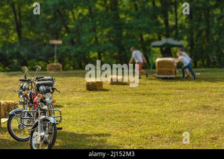 Motorräder auf dem Feld geparkt. Im Hintergrund zieht man einen Heuhaufen. Stockfoto