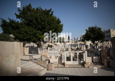 Der historische Trumpeldor-Friedhof in Tel Aviv, auch bekannt als „Alter Friedhof“, enthält Gräber von Israels großen Dichtern, Politikern und Künstlern. Stockfoto