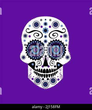 Schädelvektor violette Verzierung für Modedesign, mexikanische Fiesta, Todestag, Mandalaaugen Stockfoto