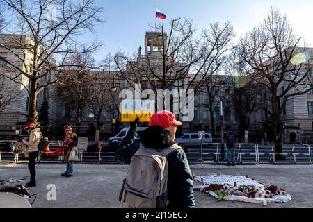 Berlin, Deutschland. 10. März 2022. Eine Protesterin hält ein Plakat mit der Aufschrift „Stoppt den Krieg“ vor der russischen Botschaft in Berlin. Seit Kriegsbeginn sind mehr als 3 Millionen Flüchtlinge aus der Ukraine geflohen. Kredit: SOPA Images Limited/Alamy Live Nachrichten Stockfoto