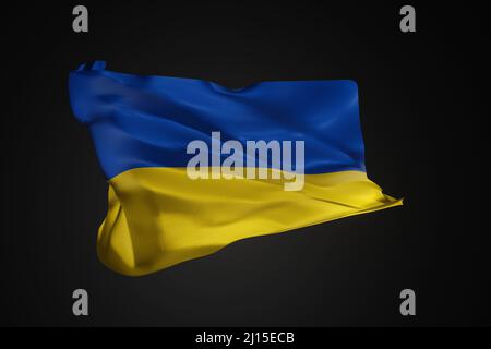 Ukrainische Flagge winkt isoliert auf schwarzem Hintergrund. 3D Darstellung rendern. Stockfoto