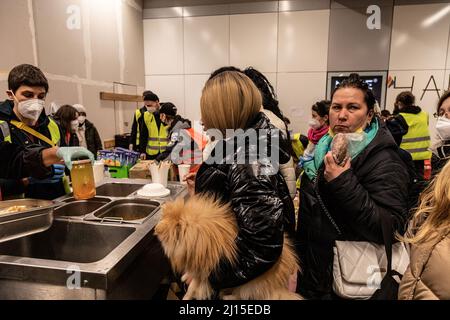 Berlin, Deutschland. 07. März 2022. Ukrainische Flüchtlinge warten am Berliner Hauptbahnhof in der Schlange auf Nahrung. Seit Kriegsbeginn sind mehr als 3 Millionen Flüchtlinge aus der Ukraine geflohen. Kredit: SOPA Images Limited/Alamy Live Nachrichten Stockfoto