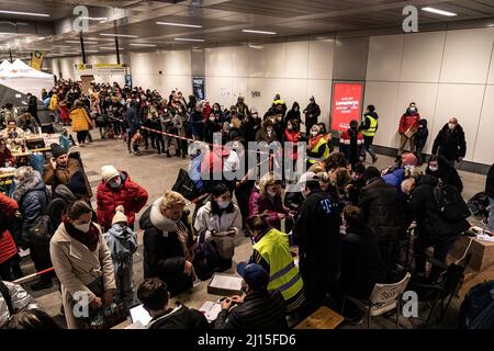 Berlin, Deutschland. 07. März 2022. Tausende ukrainische Flüchtlinge kommen stündlich am Berliner Hauptbahnhof an. Seit Kriegsbeginn sind mehr als 3 Millionen Flüchtlinge aus der Ukraine geflohen. (Foto von Nicholy Muller/SOPA Images/Sipa USA) Quelle: SIPA USA/Alamy Live News Stockfoto