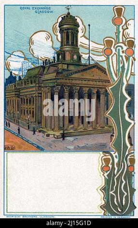 Vintage-Jugendstil-Postkarte aus edwardianischer Zeit der Royal Exchange am Royal Exchange Square, Glasgow, Schottland. Das Gebäude beherbergt heute die Galerie für Moderne Kunst Stockfoto