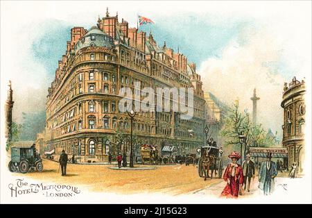 Postkarte aus edwardianischer Zeit des Hotels Metropole, London, England. Das Hotel Metropole liegt an der Ecke Northumberland Avenue und Whitehall Place. Es ist jetzt das Corinthia Hotel. Stockfoto