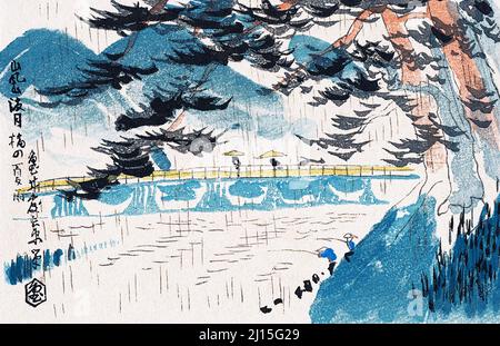 Vintage japanische Holzschnitt-Postkarte, die eine Flussszene im Regen zeigt. Stockfoto