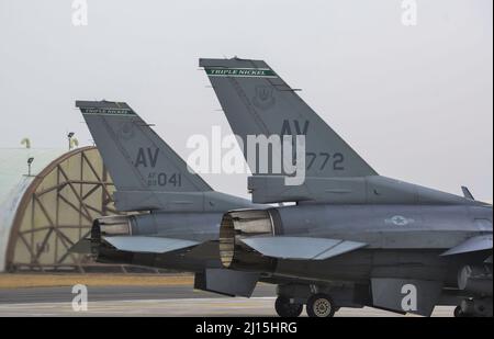 Zwei F-16C Kampffalken der US Air Force, die dem 555. Fighter Squadron zugewiesen wurden, sitzen auf der Fluglinie vor einem Routine-Trainingsflug auf der Aviano Air Base, 17. Februar 2022. Die multifähigen Luftwaffe des 31.-Kampfflügels sind bereit, die US-Streitkräfte in Europa und die Luftstreitkräfte in Afrika und ihre NATO-Verbündeten bei laufenden Operationen in Europa zu unterstützen. (USA Luftwaffe Foto von Senior Airman Jessica Blair) Stockfoto