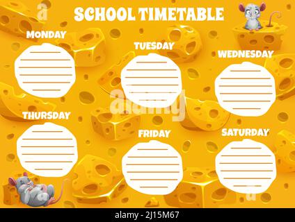 Bildung Zeitplan mit Cartoon-Mäuse und Käse. Vektor-Vorlage für Schulunterricht Planung mit lustigen Mäusen Persönlichkeiten und kitschige Stücke. Kids-Zeittabelle für den Unterricht, Wochenplaner Stock Vektor