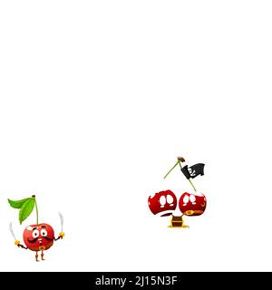 Cartoon-Beerenpiraten, Korsaren Zeichen auf nahtlose Muster. Hintergrund, Vektor-Tapete mit Stachelbeere, schwarze Johannisbeere und Heidelbeere, Erdbeere, Himbeere und Kirsche lustige Filibuster Persönlichkeiten Stock Vektor