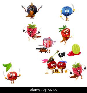 Cartoon-Beerenpiraten, Korsaren Zeichen auf nahtlose Muster. Hintergrund, Vektor-Tapete mit Stachelbeere, schwarze Johannisbeere und Heidelbeere, Erdbeere, Himbeere und Kirsche lustige Filibuster Persönlichkeiten Stock Vektor