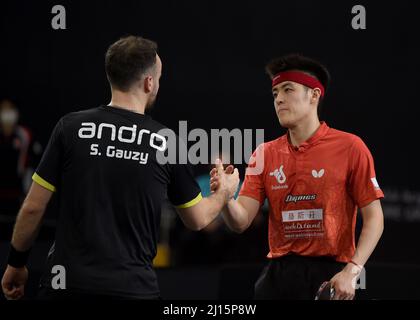 Doha, Katar. 22. März 2022. Qiu Dang (R) aus Deutschland trifft Simon Gauzy aus Frankreich nach der Einzelrunde der Männer mit 16 beim WTT Contender Doha 2022 in Doha, der Hauptstadt von Katar, am 22. März 2022. Kredit: Nikku/Xinhua/Alamy Live Nachrichten Stockfoto