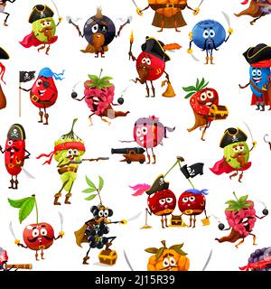 Cartoon-Beerenpiraten, Korsaren Zeichen auf nahtlose Muster. Hintergrund, Vektor-Tapete mit Stachelbeere, schwarze Johannisbeere und Heidelbeere, Erdbeere, Himbeere und Kirsche lustige Filibuster Persönlichkeiten Stock Vektor