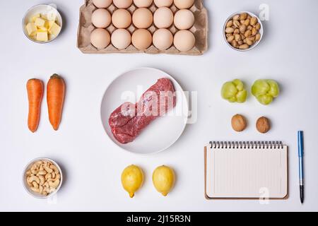 Ketogene Ernährung. Zutaten für die Keto-Diät. Hohe gute Fett, gesunde Ernährung. Zutaten für gesunde Lebensmittel Auswahl. Ausgewogene gesunde Inhaltsstoffe von Stockfoto