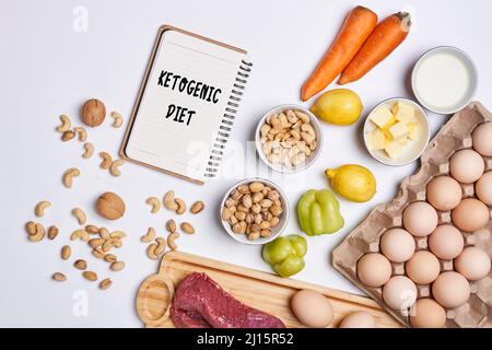 Ketogene Ernährung. Zutaten für die Keto-Diät. Hohe gute Fett, gesunde Ernährung. Zutaten für gesunde Lebensmittel Auswahl. Ausgewogene gesunde Inhaltsstoffe von Stockfoto