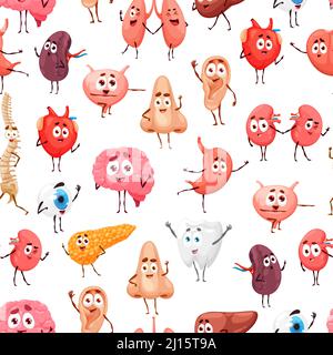 Cartoon menschliche innere Organe nahtloses Muster der Körperanatomie. Vektor-Hintergrund mit niedlichen Charakteren aus Herz, Gehirn, Leber und Niere, Magen, Lunge, Blase und Zahn, Bauchspeicheldrüse, Augapfel, Wirbelsäule Stock Vektor