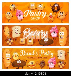 Cartoon Bäckerei, Gebäck Kuchen und Cookies Zeichen, Vektor Brot Lebensmittel Banner. Lustige Süßigkeiten und Gebäck Croissants, Schokolade Donut und Weizen oder Roggen Bagel Brot mit Toast, Baguette und Cupcake Stock Vektor