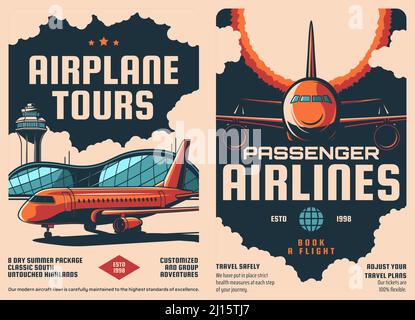 Retro-Poster für Luftfahrt und Flugzeuge, Flugreisen und Reiseflüge mit Fluggesellschaften. Vector Vintage Poster von Flugtourismus und Passagierfluggesellschaften oder Flugtickets Buchung mit Flughafen-Flugzeuge Stock Vektor