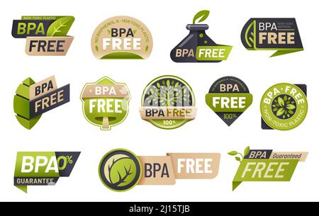 BPA-freie Symbole und Etiketten von Lebensmittelkunststoffen ohne Bisphenol. Nicht toxische, isolierte Vektorgrafiken aus Kunststoff mit grünen Blättern und Bäumen, Öko-Verpackungsprodukten, recycelbaren Flaschen und biologisch abbaubaren Beuteln Stock Vektor