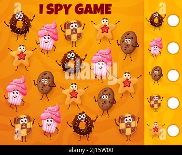 Cartoon Bäckerei, Gebäck, Kuchen und Cookies Ich spioniere Spiel Arbeitsblatt. Matching und Zählen Vektor Puzzle Quiz, Rätsel oder Labyrinth mit Kuchen, Donut, Cupcake, Keks und Muffin Persönlichkeiten, Gehirn Puzzle-Spiel Stock Vektor