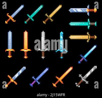 Pixel-Spiel Schwerter Waffe, Spiel Asset. Vektor vintage Pixel Art 8bit Elemente, mittelalterliche Fantasy-Klingen. Retro Sprite magische Dolche, Computergrafik 2D Objekte, Ritter oder wikinger Rüstung isoliert gesetzt Stock Vektor