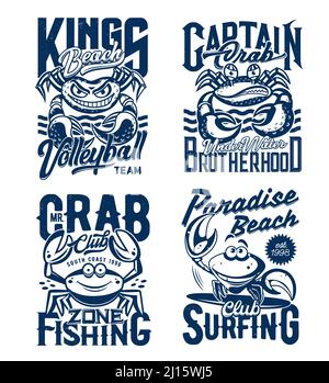 Surf- und Angelverein, Beachvolleyball-Team-T-Shirt-Print mit Krabbenmaskottchen. Wütend und glücklich Krabben Charakter Zähneknirschen, lächelnd und klickend Krallen gravierten Vektor. „Coast“-Freizeitbekleidung mit Aufdruck Stock Vektor