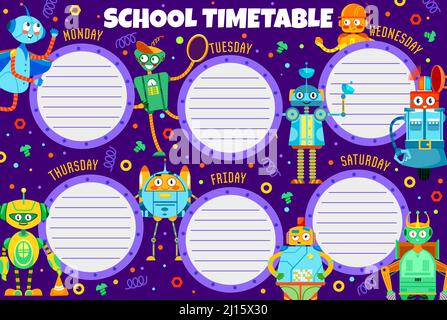Bildung Zeitplan mit Cartoon-Roboter, Vektor-Schulunterricht Wochenplan. Kinder Schule Zeitplan mit lustigen Roboter Spielzeug Zeichen, Retro-android-Transformatoren und außerirdischen Raum Cyborgs Stock Vektor