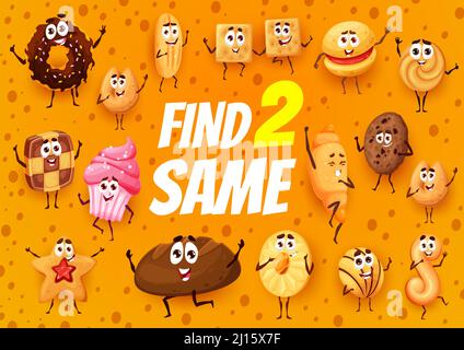 Cartoon Bäckerei, Gebäck, Kuchen und Cookies, finden zwei gleiche Persönlichkeiten Spiel Vektor Arbeitsblatt. Brain Puzzle Quiz und Bildung Rätsel der passenden Brot, Croissant, Cupcake, Donut und Muffin Zeichen Stock Vektor