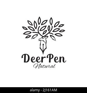 Hirsch Illustration Logo moderne Linie Stil Blatt Geweih Stift Symbol Stock Vektor