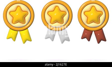 Sieger 3 platziert Medaillen mit Band im 3D Cartoon-Stil. Rendering des Prämiensetzes. Weiches Pop-Vektor-Design-Element Stock Vektor