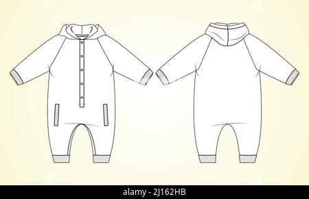 Baby Bodysuit Romper Technische Mode flache Skizze Vektor Illustration Vorlage Vorder- und Rückansicht. Modernes, stilvolles Kinderkleid-Design Einfache Bearbeitung und Cu Stock Vektor