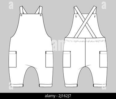 Kinder Latzhose Kleid Design Mode flach Skizze Vektor Illustration Vorlage Vorder- und Rückansicht. Bekleidung Bekleidungsdesign Modellansicht Vorder- und Rückansicht Stock Vektor