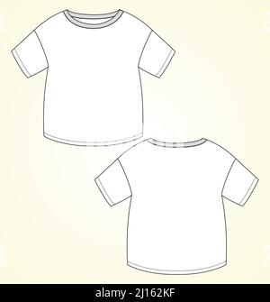 Kurzarm Rundhalsausschnitt T-Shirt Technische Mode flach Skizze Vektor Illustration Vorlage für Kinder. Bekleidung Kleid Design CAD Mock Up Vektor Illustra Stock Vektor