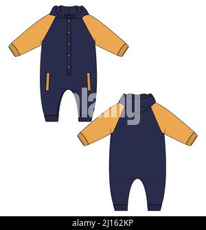 Baby Bodysuit Romper Technische Mode flache Skizze Vektor Illustration Vorlage Vorder- und Rückansicht. Modernes, stilvolles Kinderkleid-Design Einfache Bearbeitung und Cu Stock Vektor