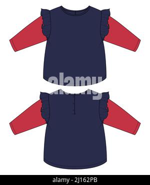 Zwei Ton Navy Red Farbe Kleid Design Mode flache Skizze Vektor Illustration Vorlage für Kinder auf weißem Hintergrund isoliert. Bekleidung Mock Up Stock Vektor