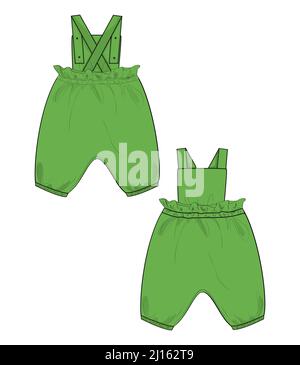 Kinder Latzhose Kleid Design Technische Mode flache Skizze Vektor Illustration Vorlage Vorder- und Rückansicht. Bekleidung Zeichnung Grün Farbe Mock Up Baby g Stock Vektor