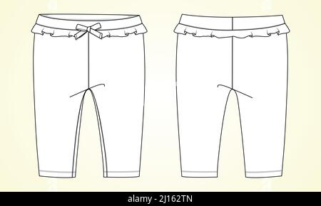 Hose aus Baumwollgewebe für Mädchen. Allgemeine technische Mode flache Skizze Vektor-Vorlage Vorder-und Rückansicht. Weiße Hose aus der Kollektion Bas Stock Vektor