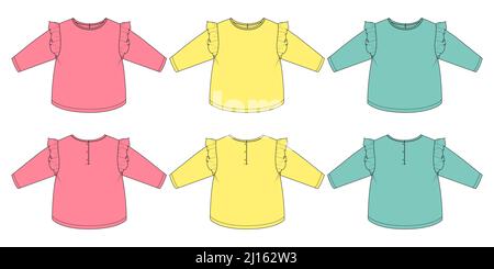 Multicolor Langarm T-Shirt Kleid Design technische Mode flache Skizze Vektor Illustration Vorlage für Baby Mädchen und Damen. Baumwollstoff-Kleidung Stock Vektor
