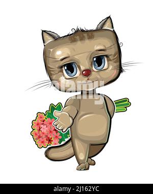 Cute Kid Cat streckt seine Hand suggerieren Freundschaft. Er möchte einen Blumenstrauß geben. Lustiges Tier. Illustration für Kinder. Isoliert auf WH Stock Vektor