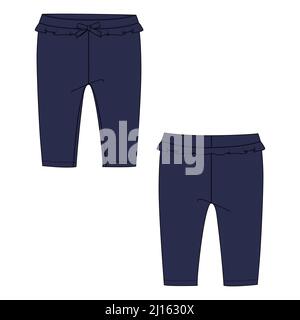 Hose aus Baumwollgewebe für Mädchen. Allgemeine technische Mode flache Skizze Vektor-Vorlage Vorder-und Rückansicht. Hose in Marineblau-Farbe, Kollektion Basi Stock Vektor