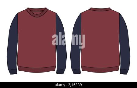 Zweifarbig rot, marineblau Farbe Langarm Sweatshirt Overall Fashion Flat Sketch technische Zeichnung Vektor-Vorlage für Männer. Bekleidungskleid Design Mockup C Stock Vektor