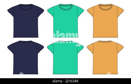 Multicolors Kurzarm Basic T-Shirt Vektor-Vorlage für Damen und Mädchen. Technische Mode flach Skizze, Rundhalsausschnitt Illustration Nachbildung Fr. Stock Vektor