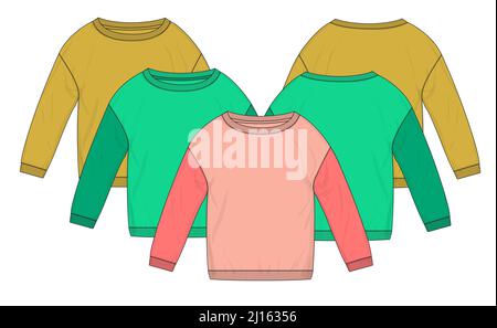 Langarm Damen Sweatshirt Technische Mode flache Skizze Vektor Illustration Vorlage Vorder- und Rückansicht. Bekleidung Bekleidung Mock Up Damen Unisex Stock Vektor