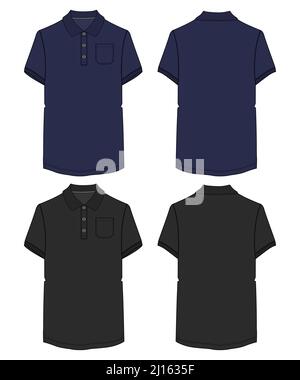 Schwarz und navy Farbe Kurzarm Polo T-Shirt insgesamt technische Mode flach Skizze Vektor Illustration Vorlage Vorder- und Rückansicht. Bekleidung Kleidung Stock Vektor