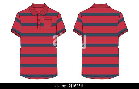 Kurzarm-Poloshirt mit Tasche und rot, schwarz Farbstreifen Ganzkörper-Overall Technische Mode flache Skizze Vektor Illustration Vorlage vorne Stock Vektor